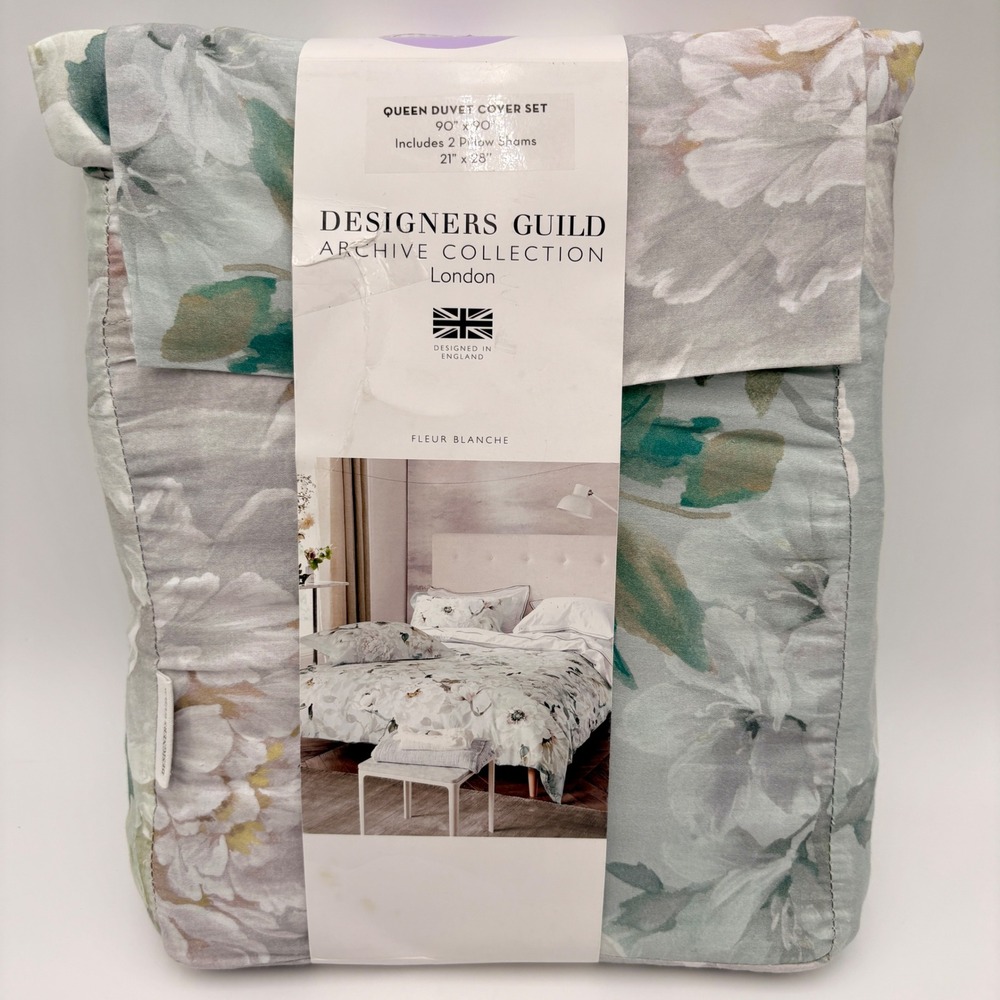 Designers Guild Fleur Blanche Platinum Queen Duvet Cover Set 3pc Cotton Sateen